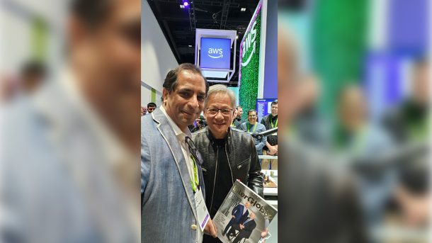 Jensen Huang, CEO, NVIDIA and Vinay Nagpal pictured with the 14th edition of InterGlobix Magazine
